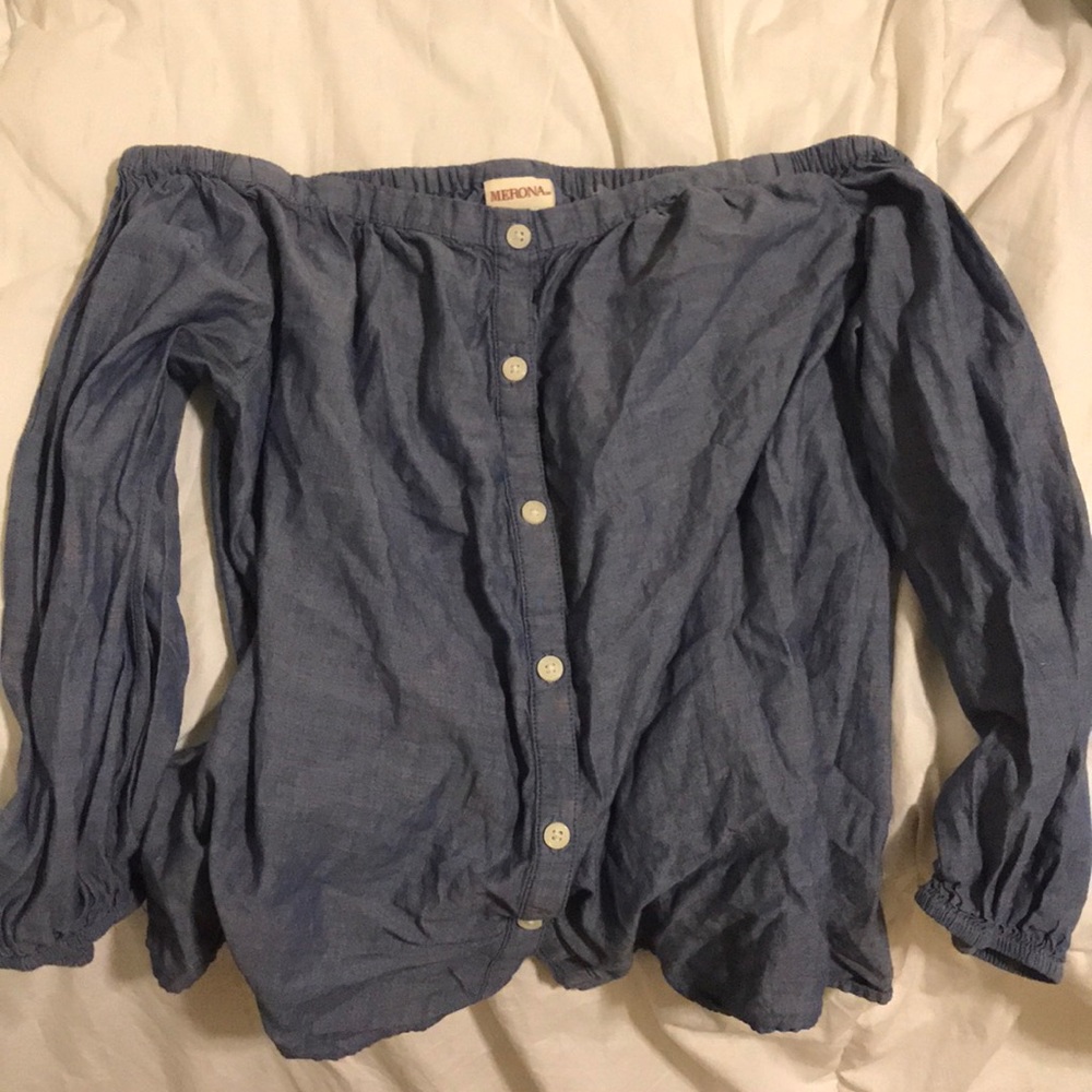Off the shoulder blue button up. Longsleeve